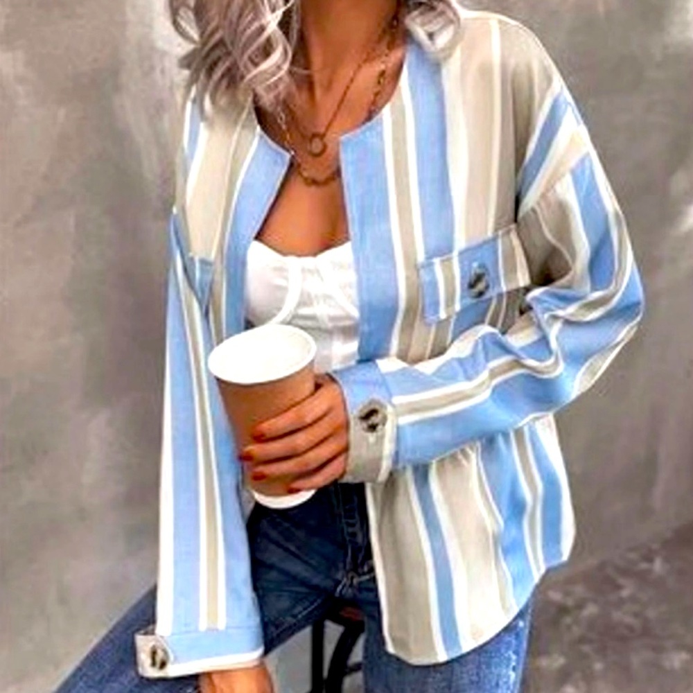 Zara -  Adorable White Tan and Blue Striped Jacket with open front- Size Medium